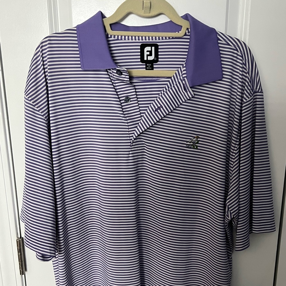 Footjoy golf polo, purple and white stripes.